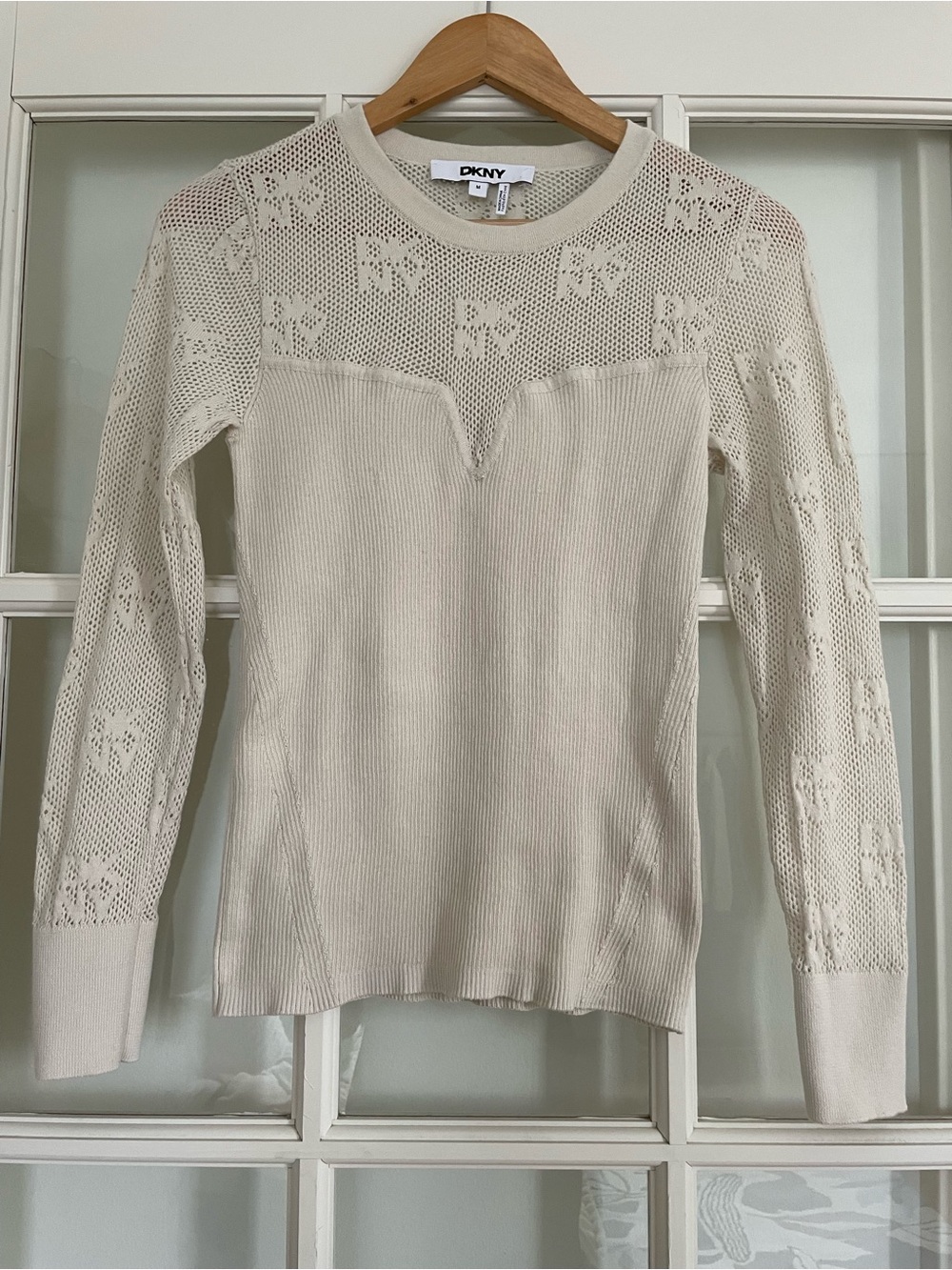 DKNY Logo Print Mesh Yoke Knit Top Ivory Cream Sweetheart Long Sleeve Size M